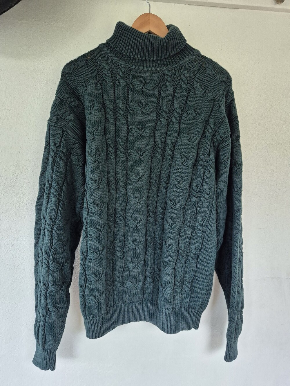 100% Cotton Dark Green Cableknit Turtleneck Sweater XL Brettons Vintage